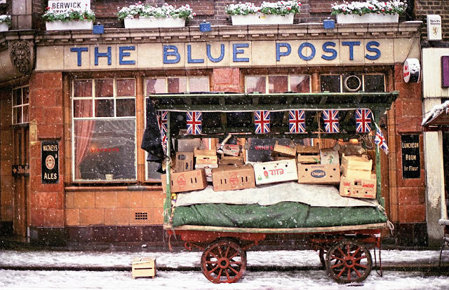 A fruit and veg cart on Berwick Street in London's Soho district, 1981