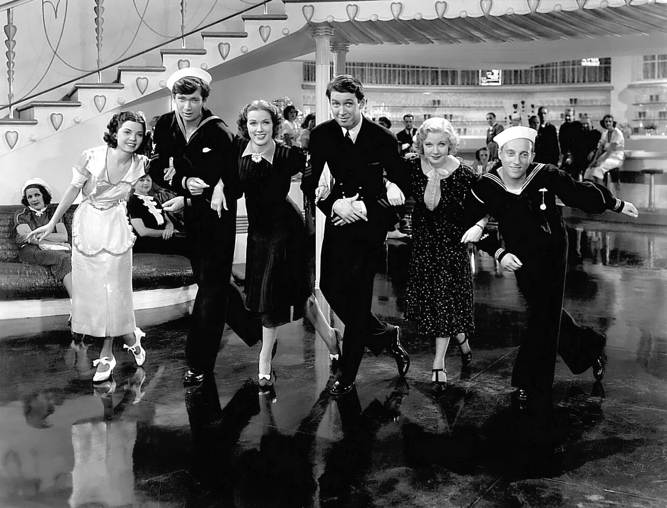 Frances Langford, Buddy Ebsen, Eleanor Powell, James Stewart, Una Merkel and Sid Silvers in Born to dance, 1936
