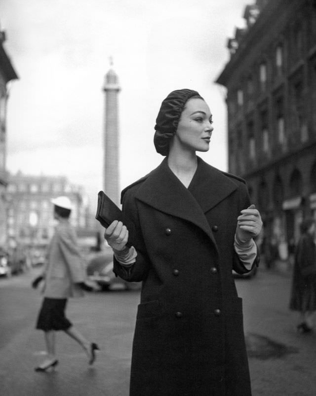 Ivy Nicholson in wool overcoat with sailor collar and satin beret by Christian Dior, ELLE, March 1954