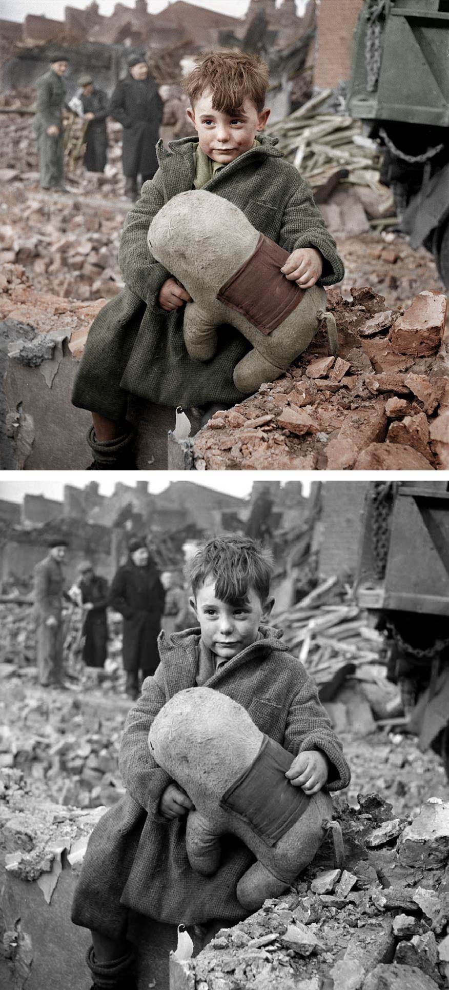 Abandoned Boy Holding a Stuffed Toy Animal. London 1945