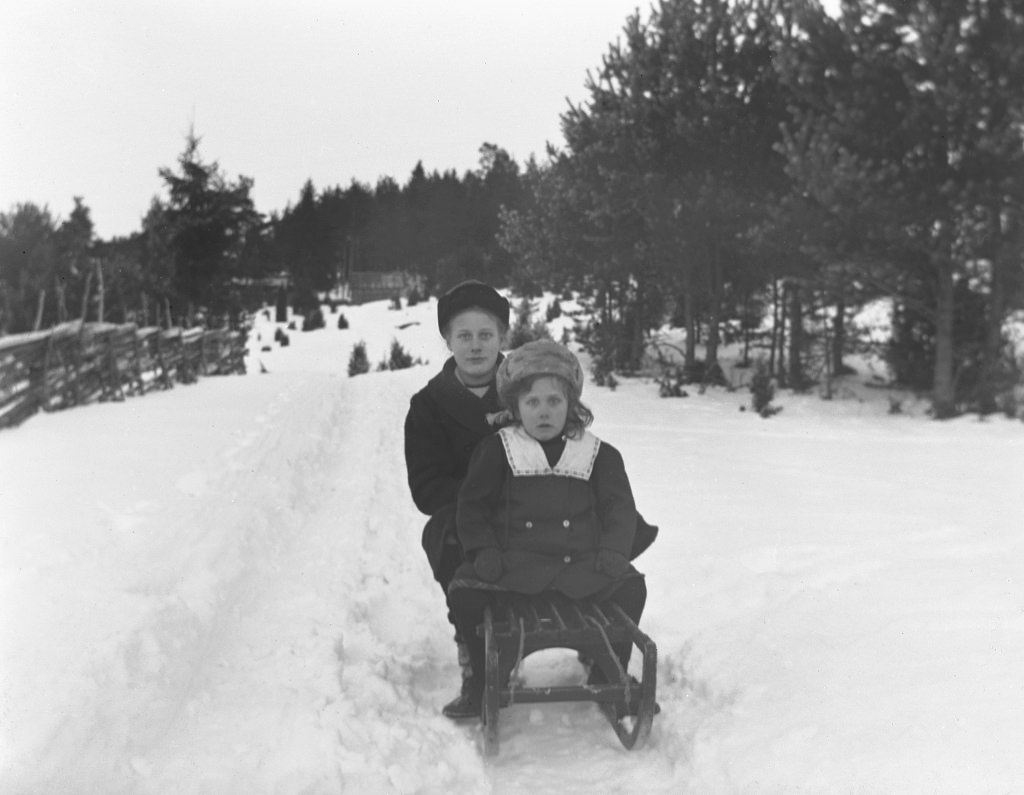 In this photo, at the back of the sledge is Elin Larsson Tingersten (b. 1902) from Arla in Frinnaryd and her younger sister Svea (b. 1909). The girls were daughters of Crown hunters Larsson.