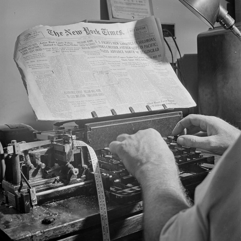 In the radio room, news is sent out twice daily in code by the Times' short wave transmitter and received by ships.