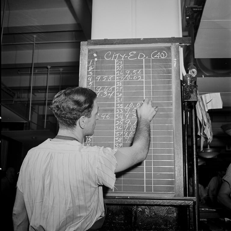 As make-up of each page is completed, time is marked on a board.