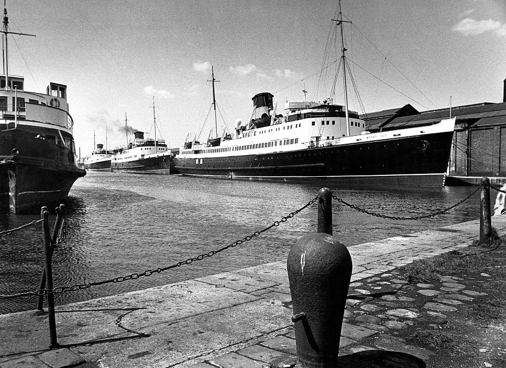 Mona's Isle and fleet Birkenhead coming out of winter Hibernation for summer season, Liverpool, 1975.