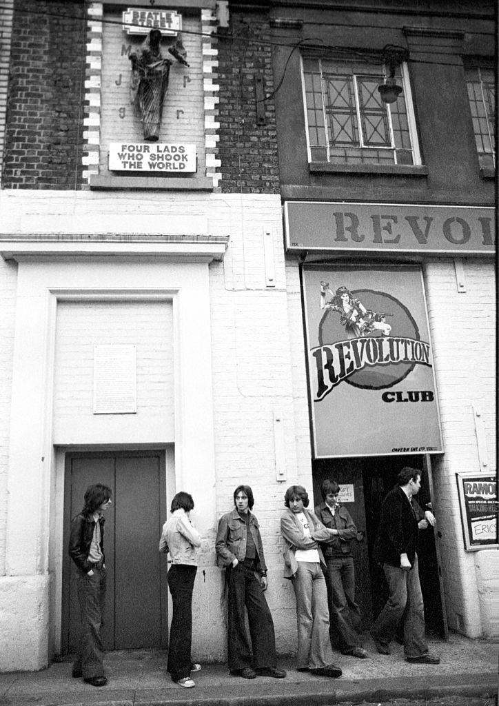 Fans queue up outside a Ramones gig at the punk club Eric's at the Revolution Club on Matthew Street in Liverpool, 1977.