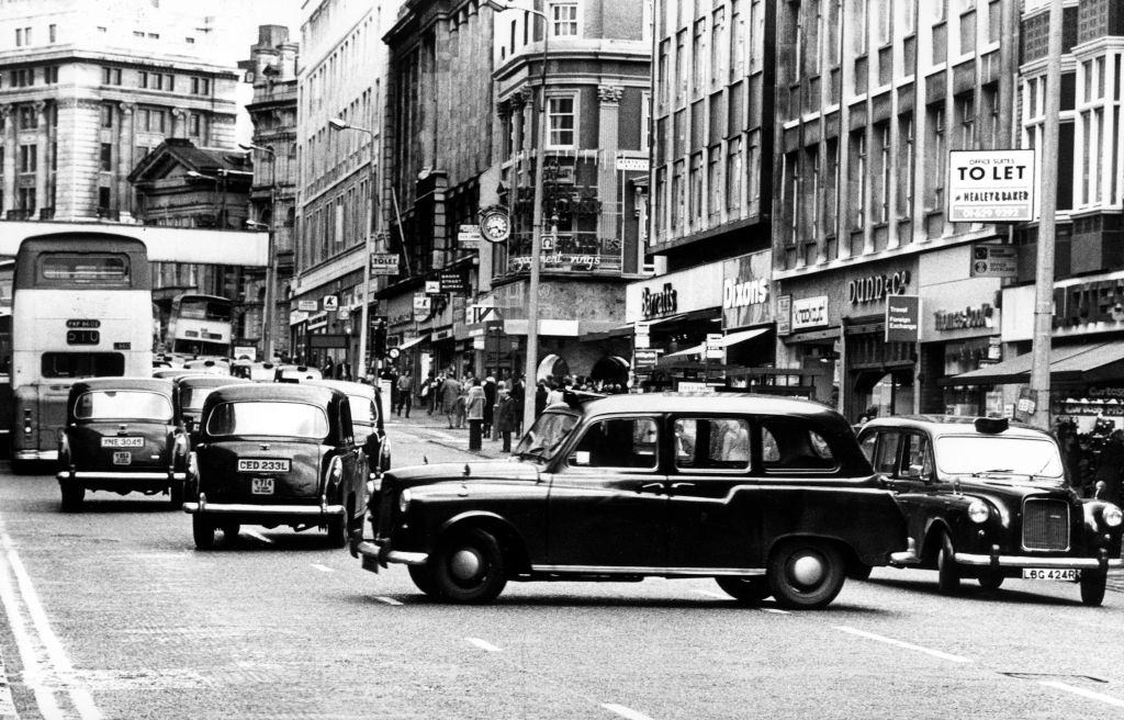 Taxi demo in the rush hour in Church Street, Liverpool, 1978.