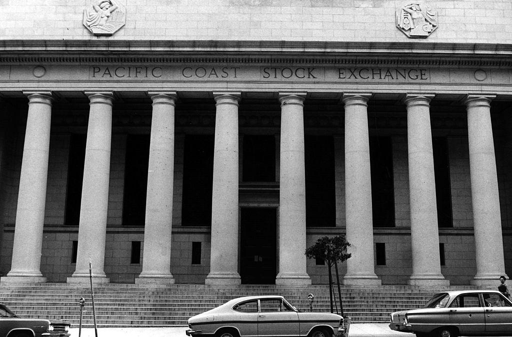 The Pacific Coast Stock Exchange, Pine Street, the centre of the financial area for San Francisco. January 1970.