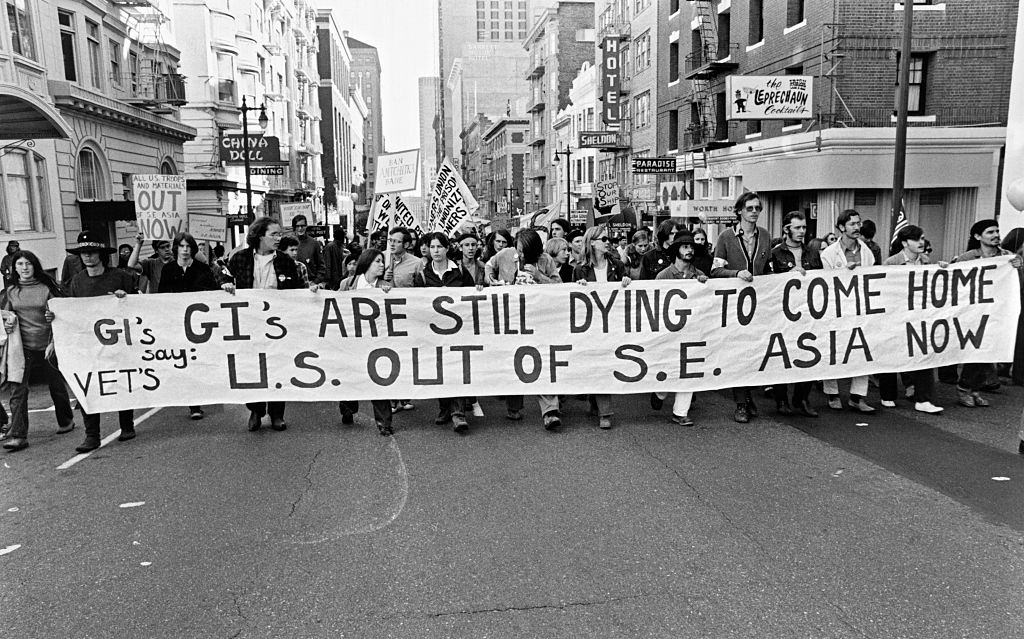 An anti-Vietnam War peace march up Post Street, San Francisco, 1970.