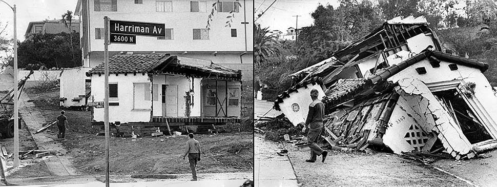 One section of a house, left, is in position at Harriman Avenue and Edison Street in Los Angeles, ready for the arrival of another portion being moved from Glendale. But the second section collapsed after hitting a dip just a half-block short of its destination. Both sections had to be demolished. J