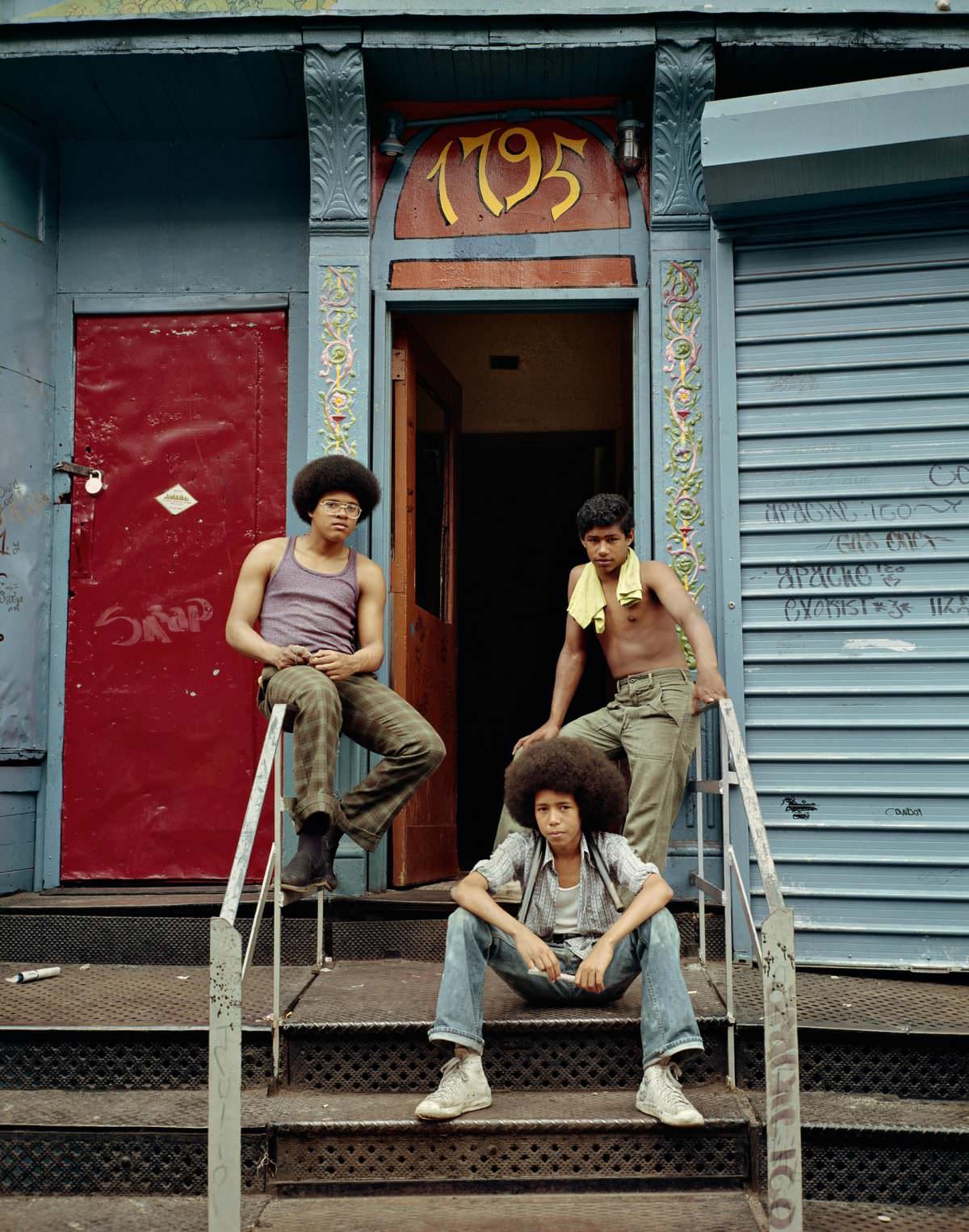 Three boys at the front door, 1975, New York