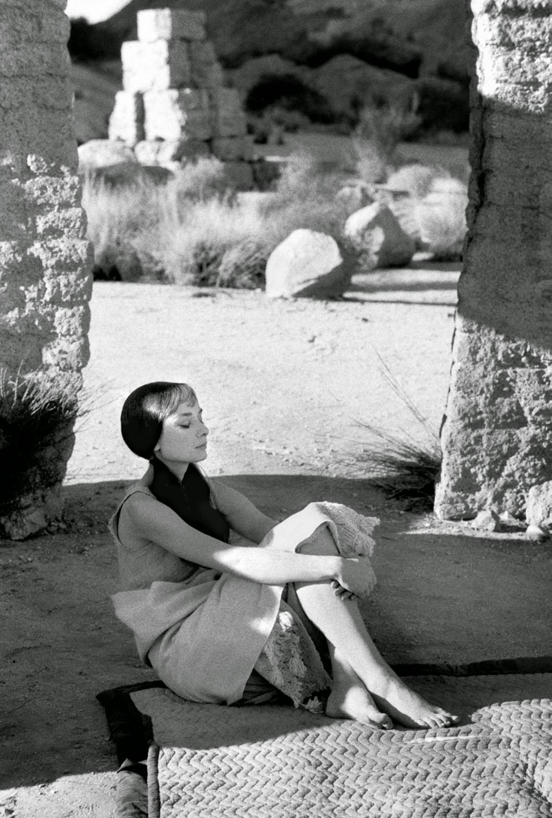 Audrey Hepburn in a serene moment on set of MGM's "Green Mansions," 1958