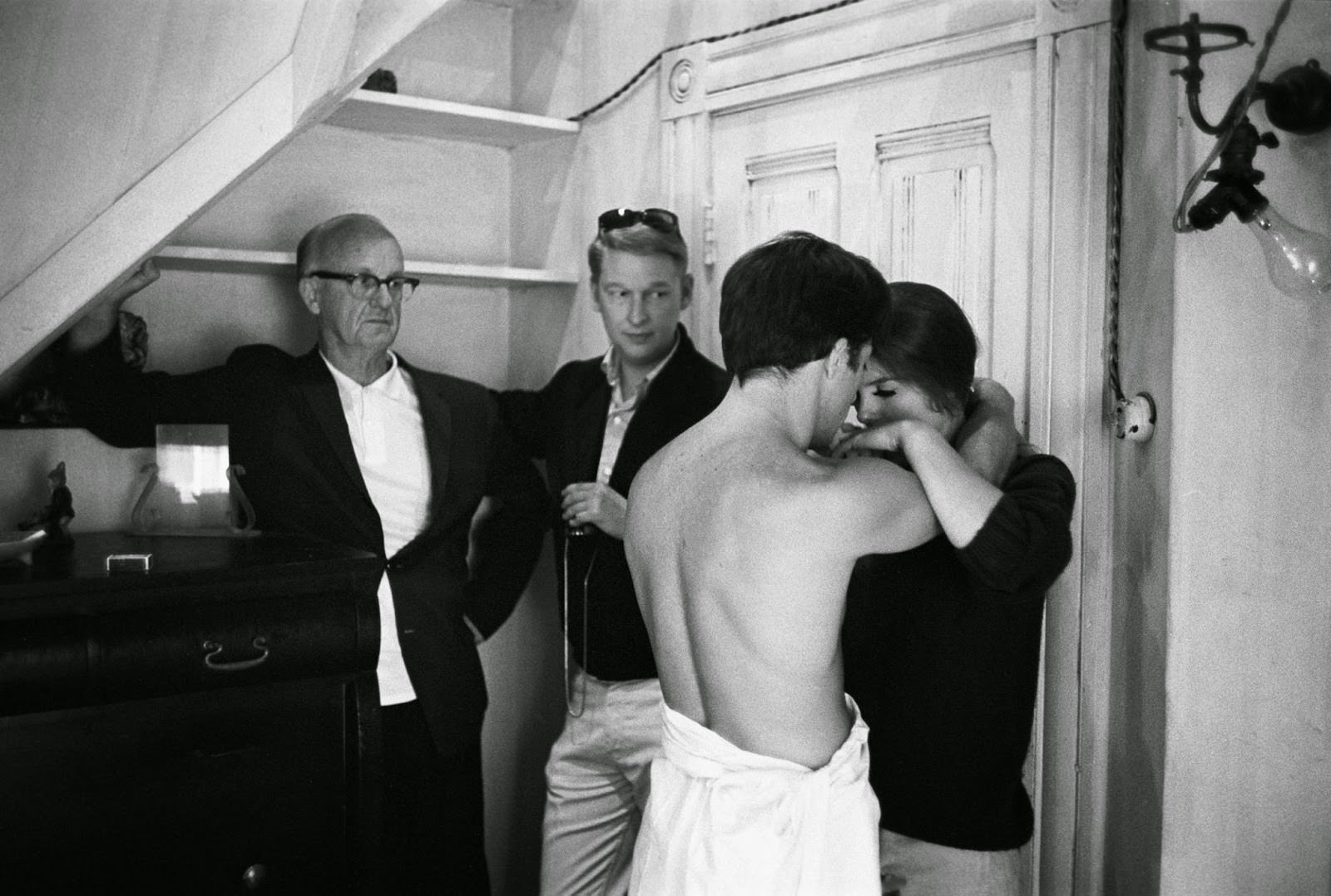 Mike Nichols on his rehearsal set of "The Graduate," with cinematographer Robert Surtees, Dustin Hoffman and Katharine Ross, 1967