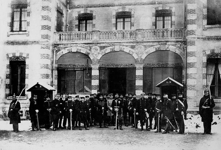 The Crown Prince Frederick Wilhelm of Prussia, commander of the Third Army with his General Staff at their headquarters during the Franco-Prussian War 13 January 1871 at Les Ombrages, France.