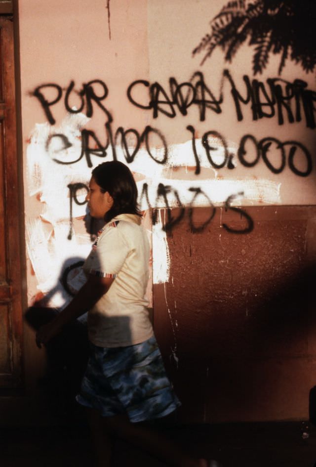 Wall reads: "for every fallen martyr, 10,000 are born", Managua, Nicaragua, 1978