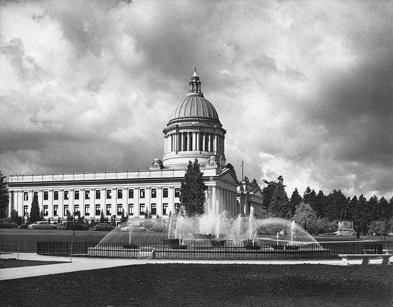 Northeast view of Tivoli Fountain, Insurance Building, and Legislative Building, Washington State Capitol group, Olympia, 1955