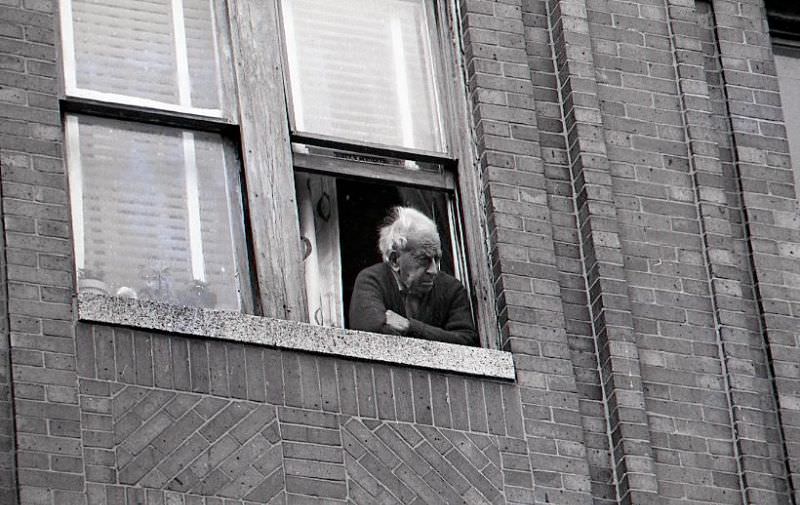 Man watching North End Christmas Parade from window