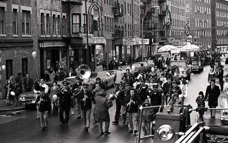 Band marches in North End Christmas Parade on Hanover Street