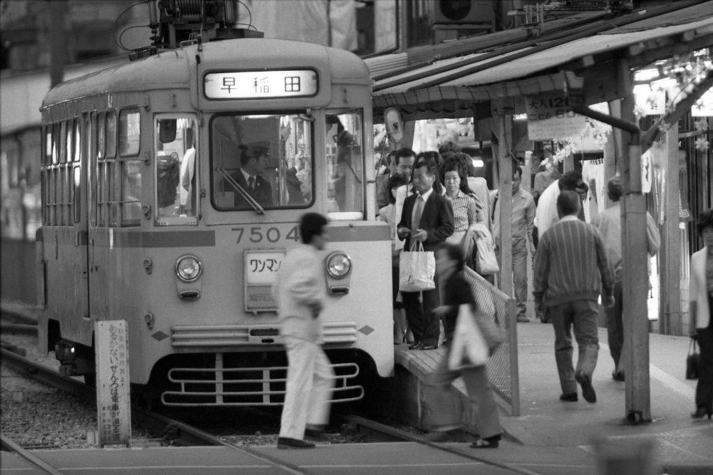 An Arakawa line tram approaches to Machiya Station, Tokyo, 1984