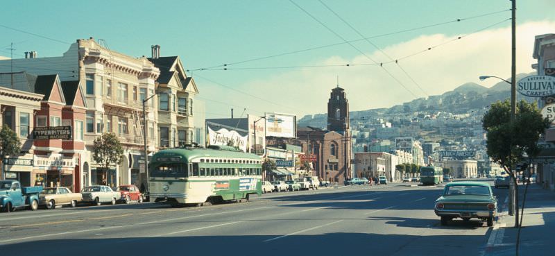 PCC heading downtown on Market Street between Noe Street/16th Street and Sanchez Street/15th Street, 1971