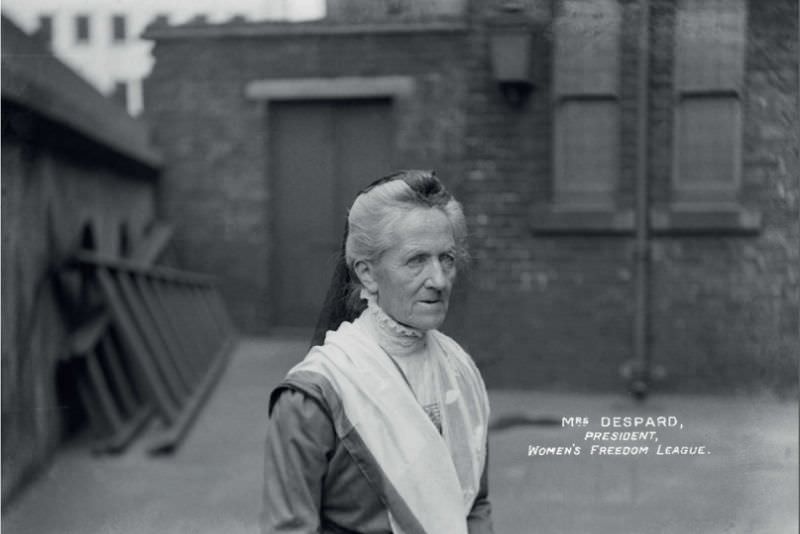 Charlotte Despard, president of the Women’s Freedom League, at the Green, White, & Gold Fair organized by the Women’s Freedom League, 1909