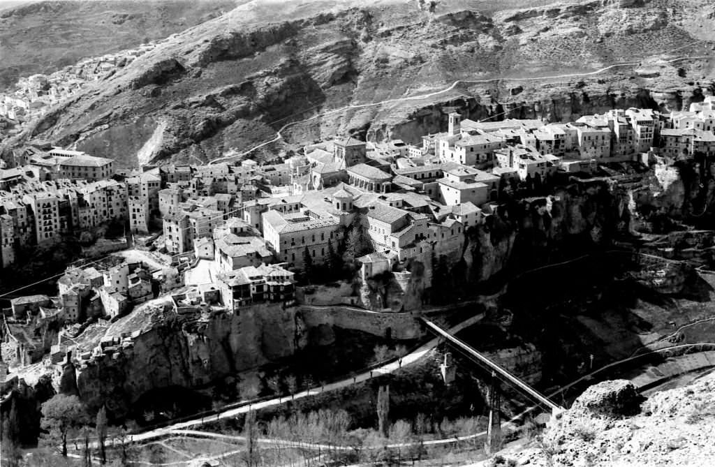 Bridge over the Jucar river and hanging houses of Cuenca, Spain, 1965.