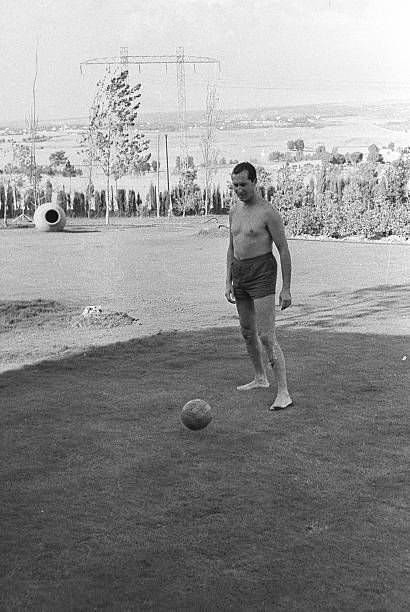 The bullfighter Luis Miguel Dominguin playing soccer on his farm in Villa Paz, Cuenca, Spain, 1963.