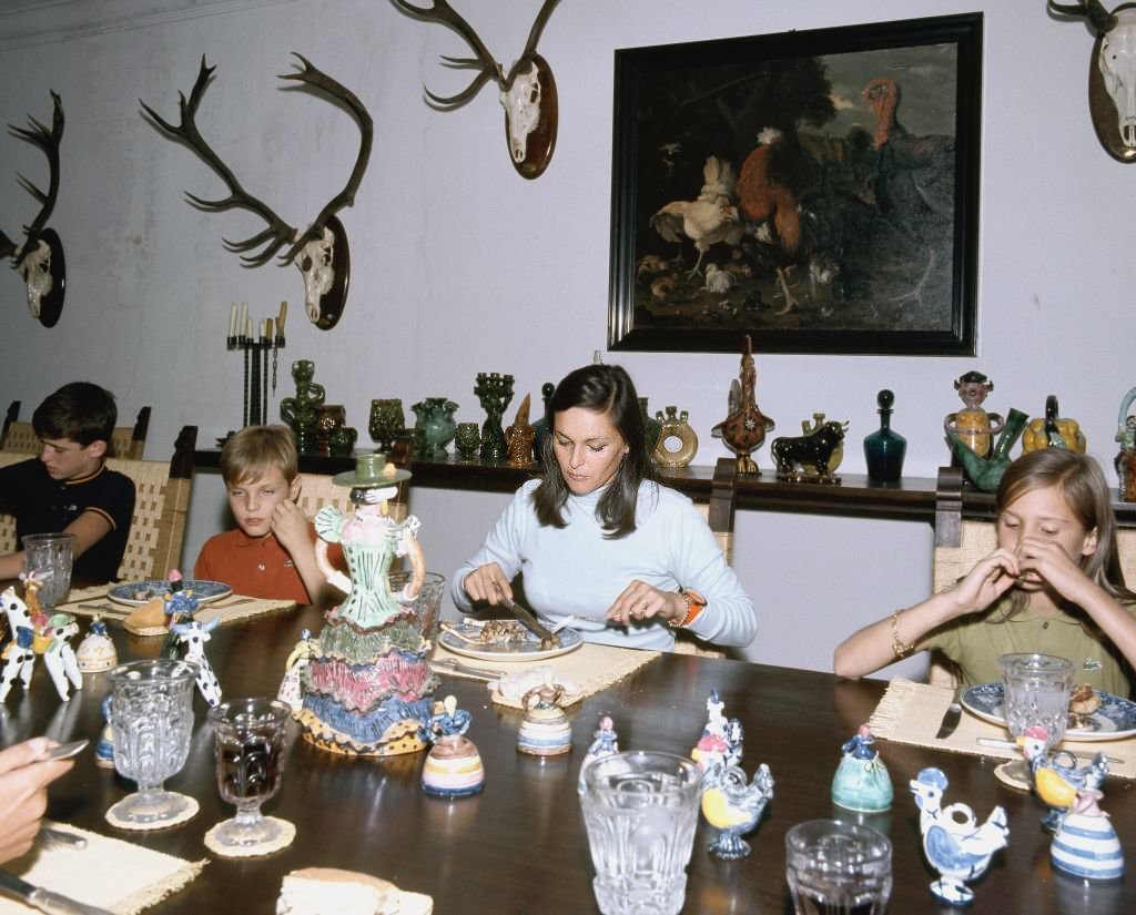 Italian actress Lucia Bose during a family dinner at the farm "Villa Paz", Saelices, Cuenca, Spain, 1967.