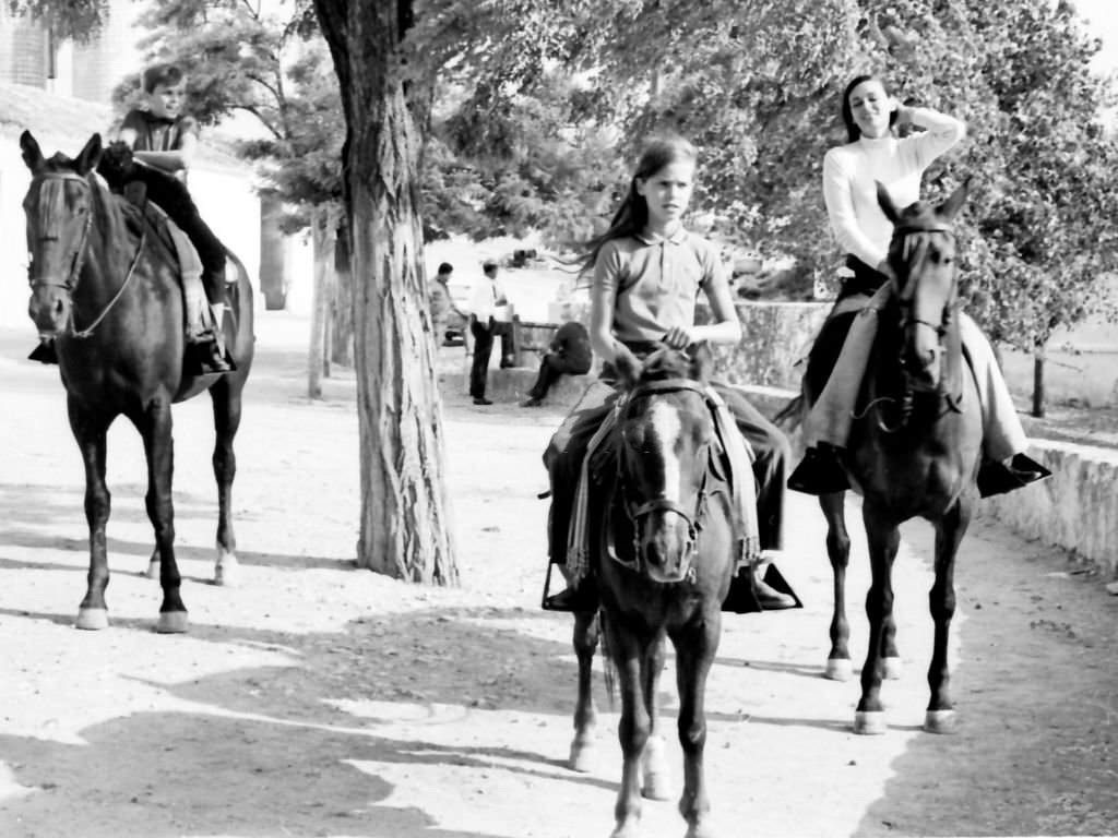 Italian actress Lucia Bose Lucia Bose during a horse ride on her farm of Villa Paz with her children Miguel and Paola, Saelices, Cuenca, Spain, 1967.