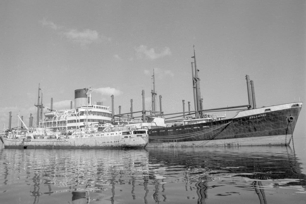 Crews take turns on board ships while waiting for the reopening of the canal, January 3, 1974, Egypt.