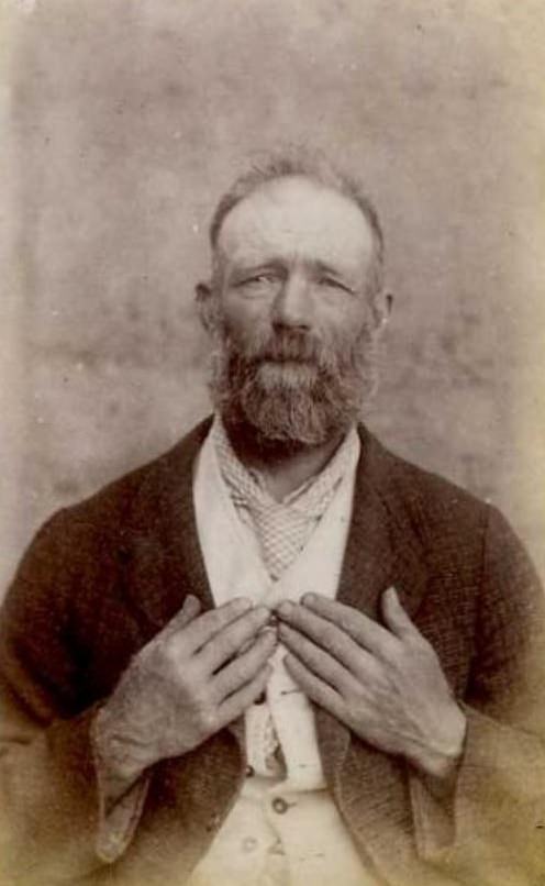 Charles Thomas Harris (b. 1843, England). Charged with larceny and sentenced to 12 months on October 3, 1887 (Christchurch). Photograph taken on December 12, 1888.