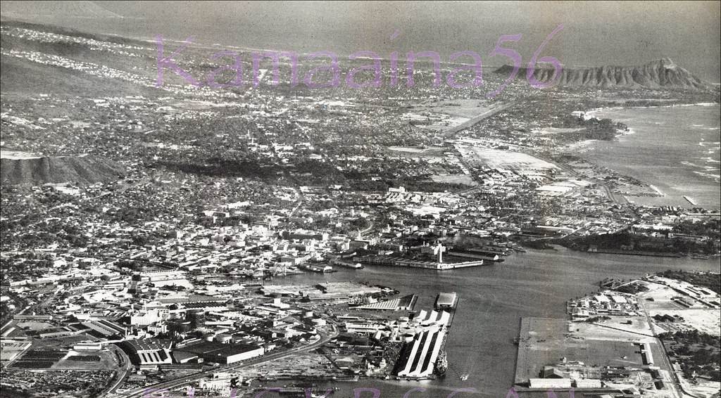 Interesting airplane view of south shore Oahu taken from over Honolulu Harbor, 1951