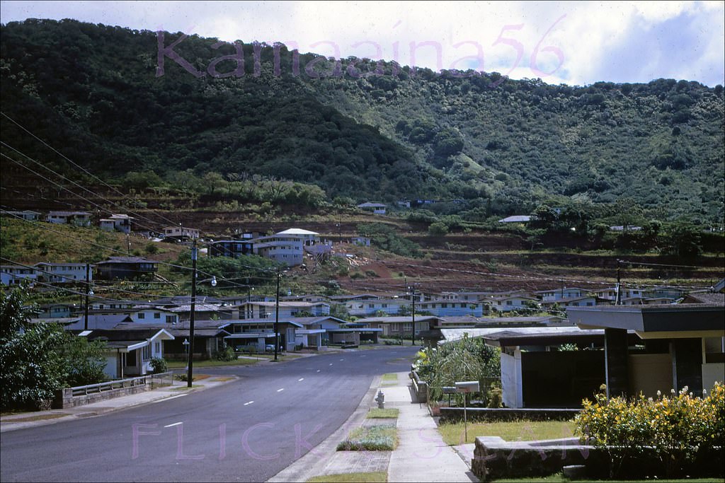 Pawaina Street in upper Manoa Valley, Honolulu, with Pinao Street on the left, 1968