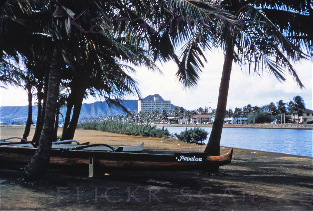 View from Ala Wai Park looking makai across the Ala Wai Canal towards Waikiki and Diamond Head, 1955