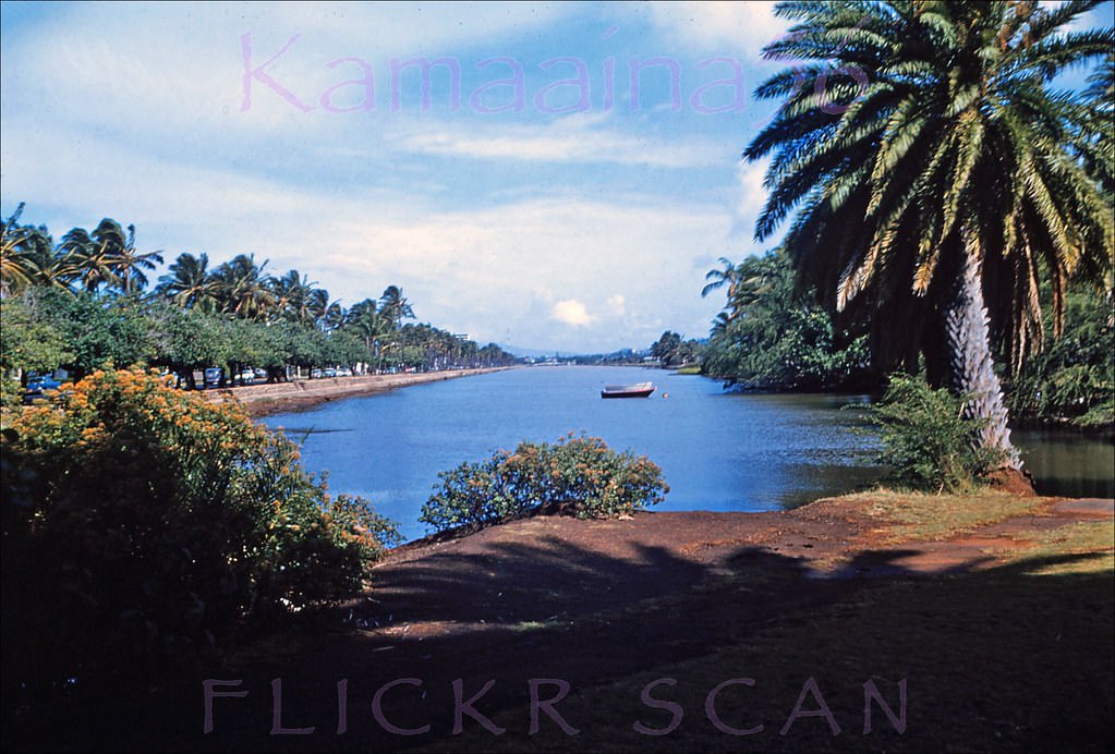 Looking ewa along the Ala Wai Canal between Waikiki on the left and the Kapahulu neighborhood in Honolulu, 1960