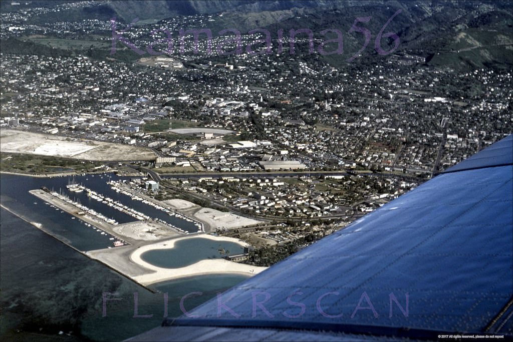 Beautifully clear airplane view of the Ala Wai Yacht Harbor on Oahu's south shore, 1956