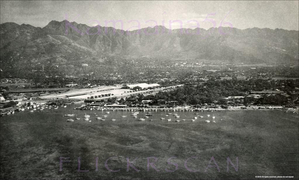 Detailed airplane view of what would become Ala Wai Harbor, before the breakwater and boat slips were built in the early 1950s.