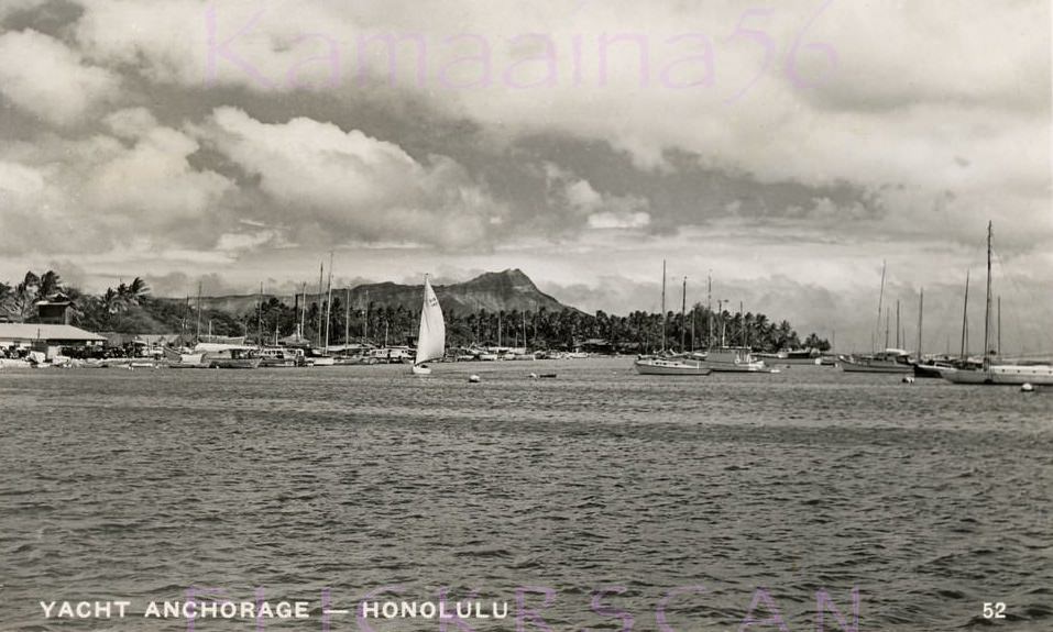 Nice sharp water view looking Diamond Head at the yacht anchorage on south shore Oahu, before the Ala Wai Yacht Harbor was built 1952.