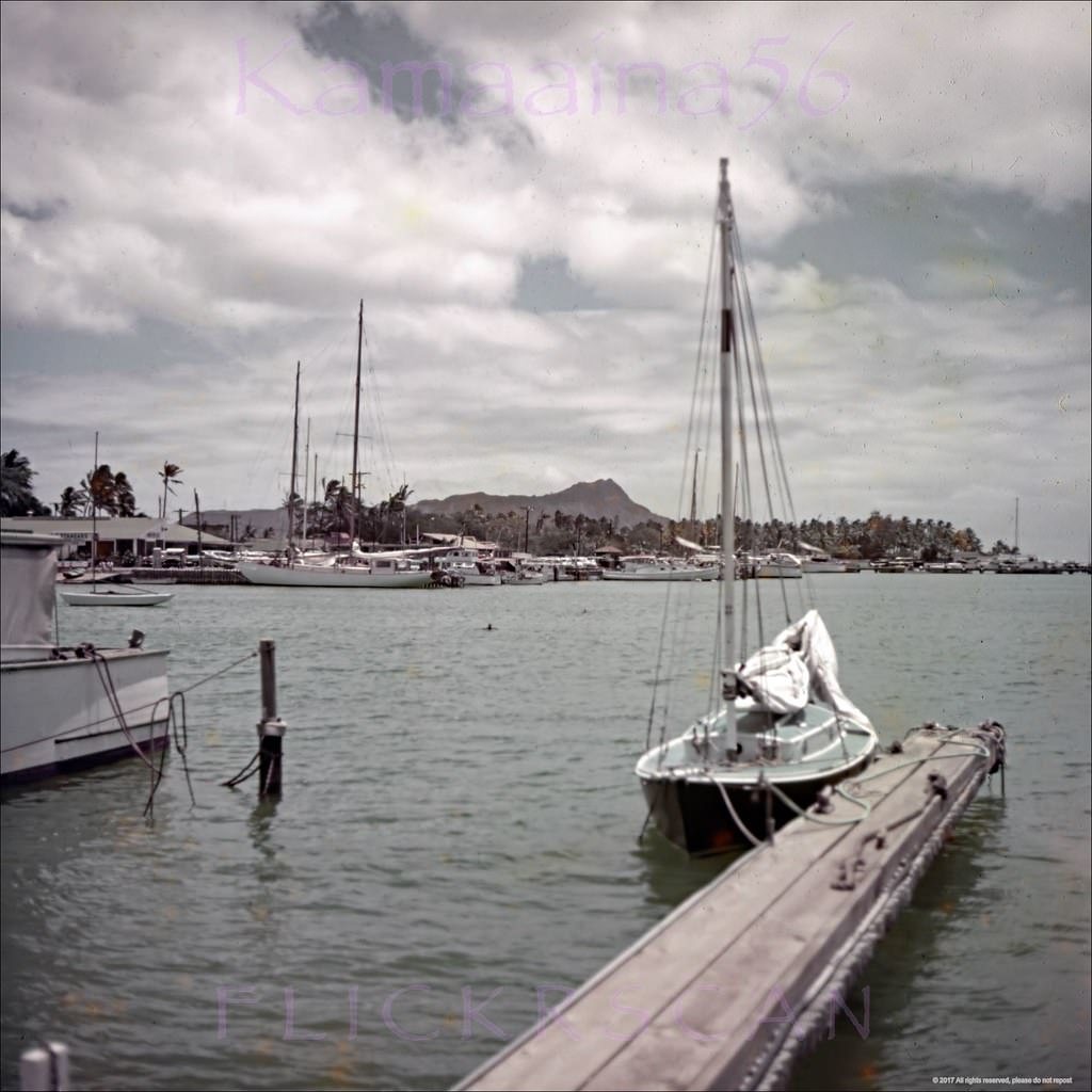 Ala Wai Yacht Harbor viewed from the neighboring Waikiki Yacht Club in Ala Moana Park, 1950s