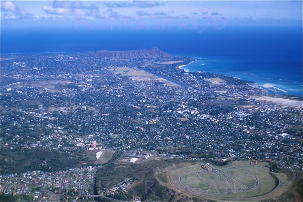 Looking diamond head from above Punchbowl with Honolulu and Waikiki below, 1950.