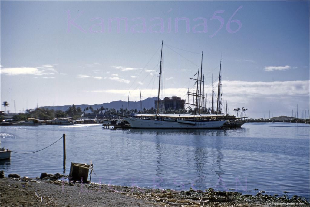 Looking east from Ala Moana Park towards Ala Wai Yacht Harbor on Oahu’s south shore, 1950s