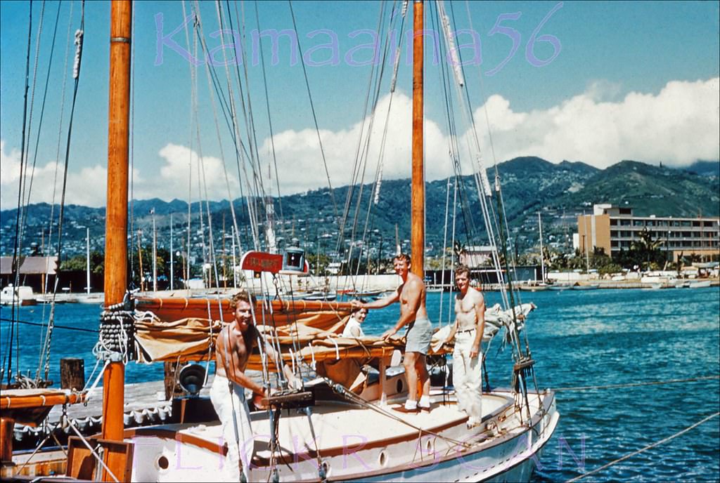 View from the end of the dock at Ala Wai Harbor, 1950s