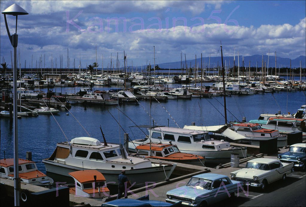 Ala Wai Yacht Harbor on south shore Oahu viewed from the Ilikai Hotel deck, 1965