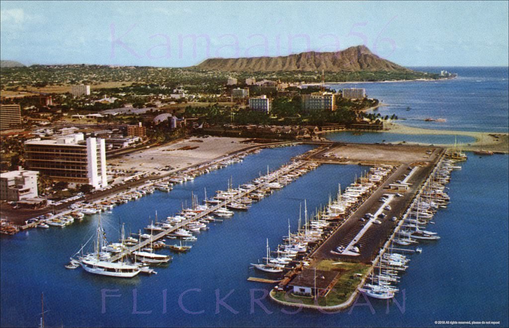 Beautifully sharp pre-Ilikai view of Ala Wai Yacht Harbor. T.H. era Hawaii, 1959