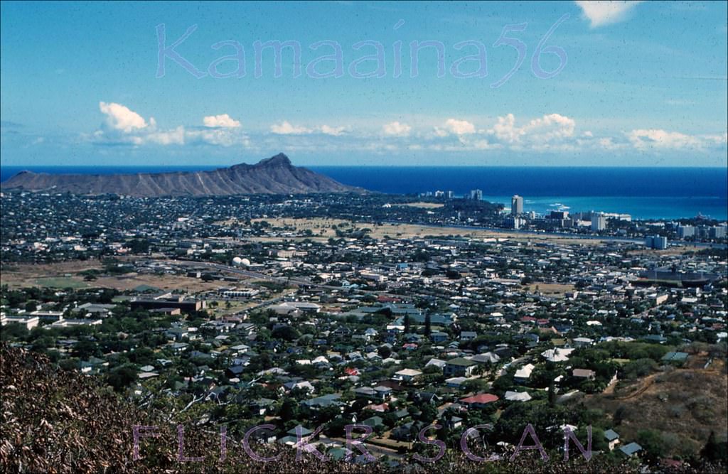 Looking across lower Manoa towards Waikiki and Diamond Head, 1962.