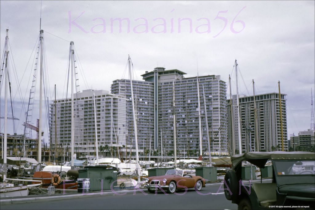 The waterfront at Ala Wai Yacht Harbor on Oahu’s south shore, 1967