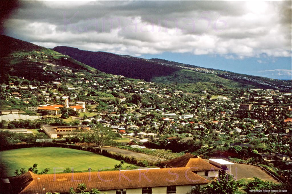 Looking inland from Punchbowl Crater at the Honolulu neighborhood of Makiki, 1957.