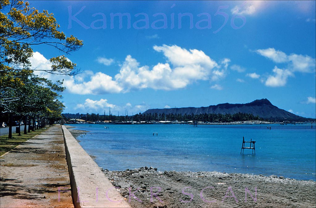 Looking east from the park towards Ala Wai Harbor and Diamond Head. Not much of a beach yet and Magic Island was a decade away, 1950s