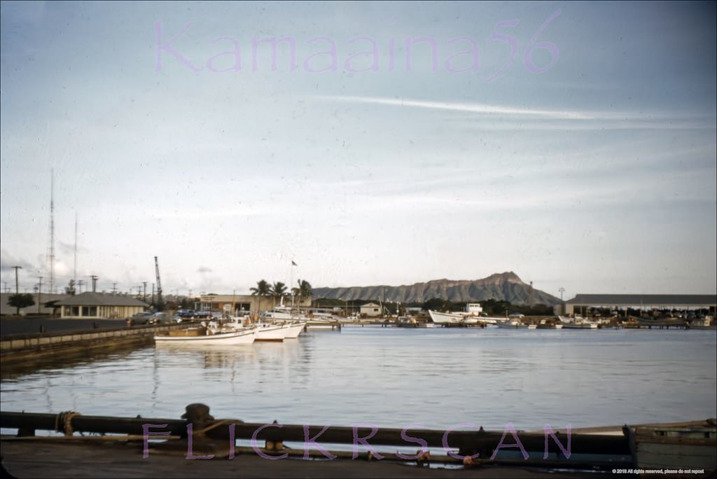 Looking east towards Waikiki's Diamond Head from Fisherman’s Wharf at Kewalo Basin on south shore Oahu, 1955