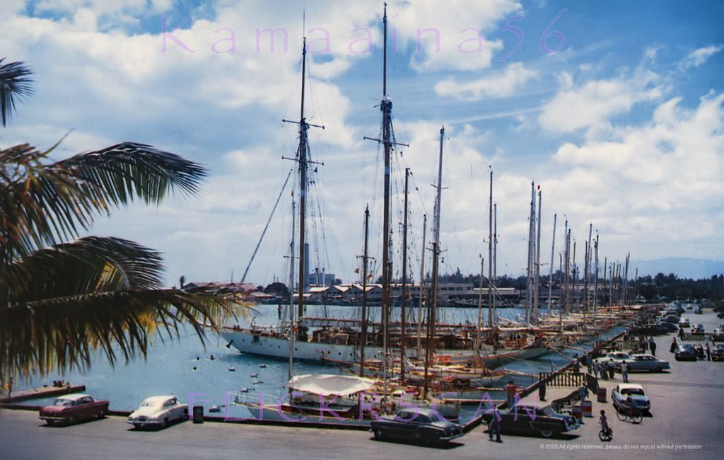 Trans-pacific racing boats at the Diamond Head side of Kewalo Basin, 1950s