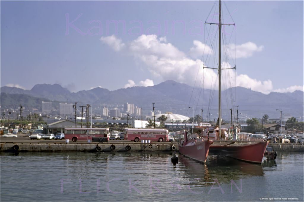 Industrialist Henry J. Kaiser's big pink catamaran Ale Ale Kai V moored in Kewalo Basin on south shore Oahu, 1968